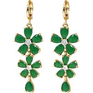 18K Gold Plated Green Jade Flower Earrings – Cubic Zirconia Dangle Design